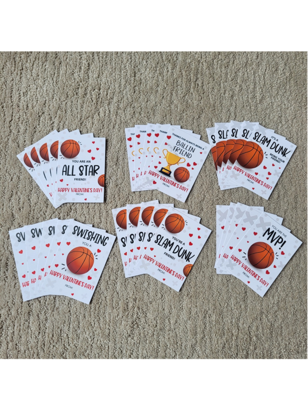 30 Basketball Valentine Cards - Kids Classroom Exchange - 6 Designs - NIP